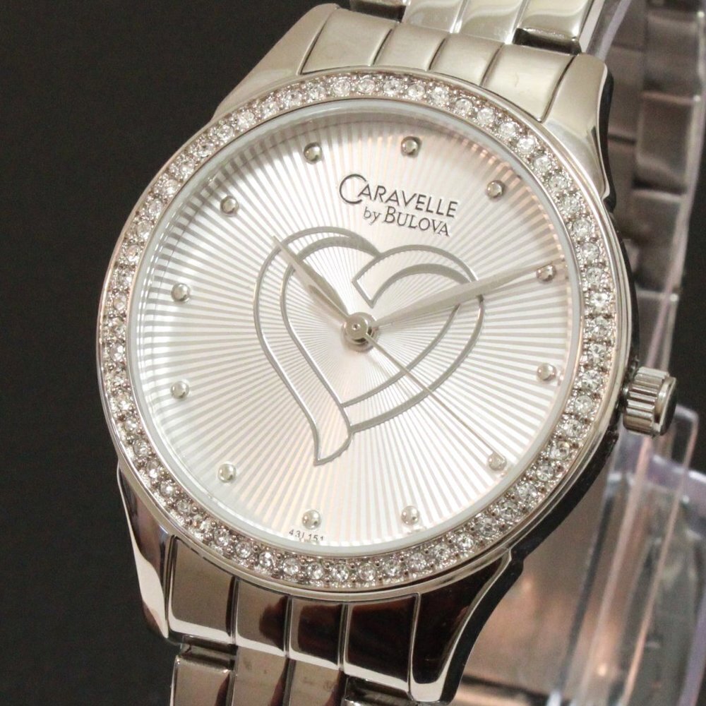 Caravelle Ladies Crystal Bezel Watch By Bulova Silver Tone Silver Heart Dial 32 - Picture 10 of 13